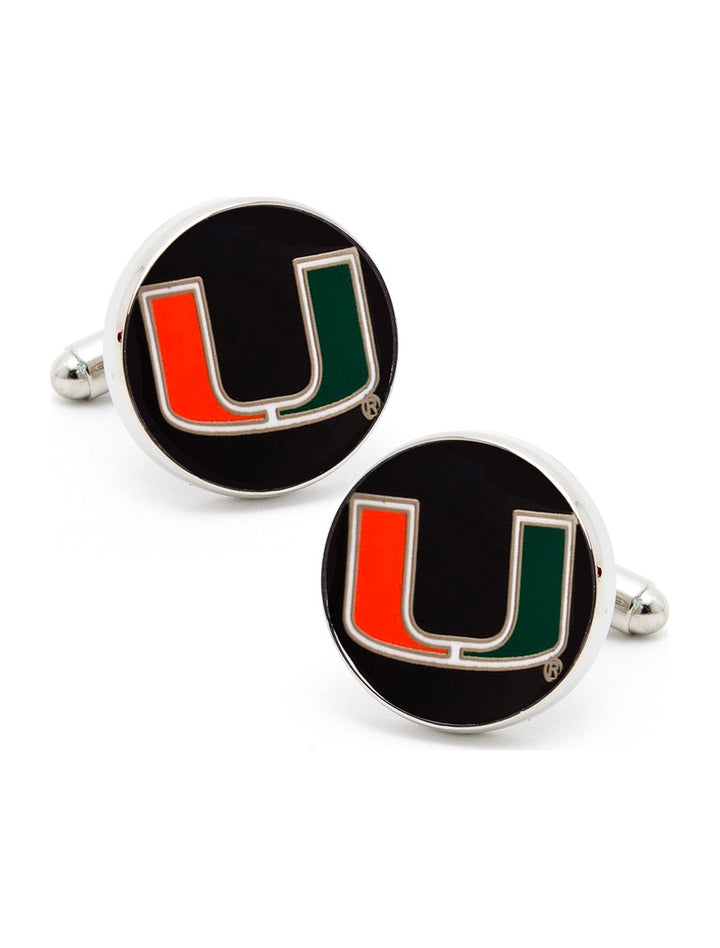 NCAA Miami Hurricanes cufflinks featuring a round, orange and green U logo on a black background.