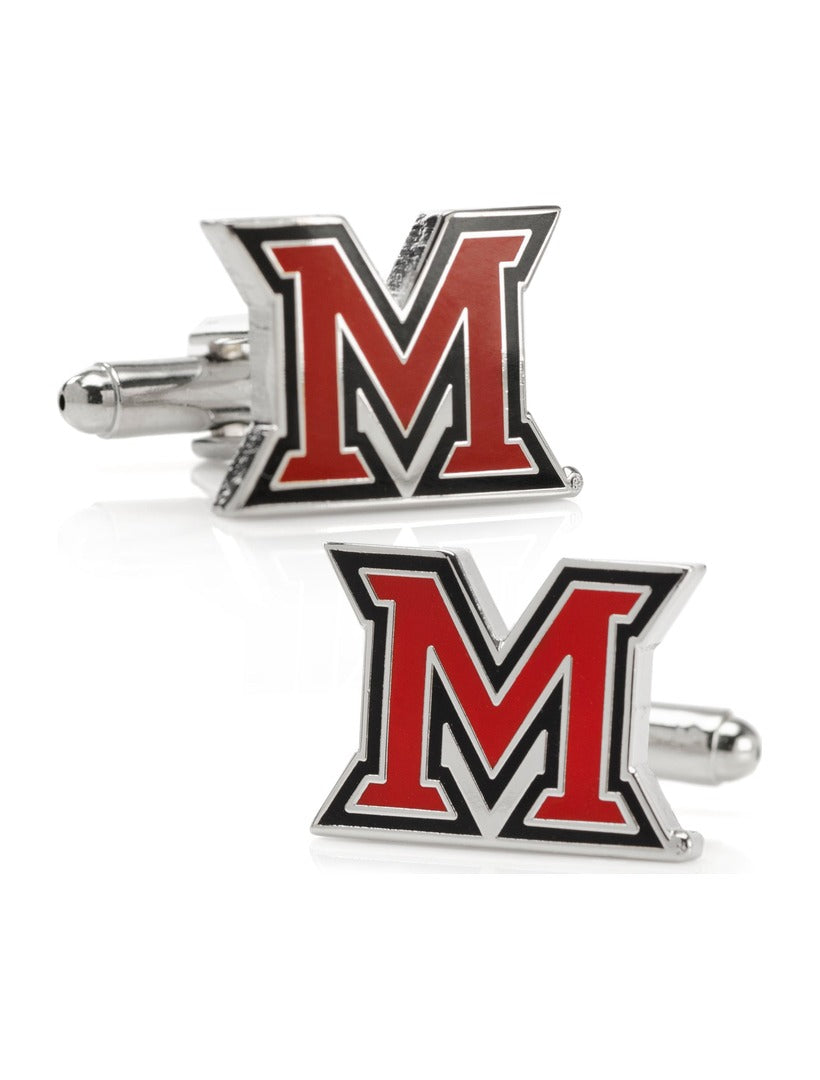 Two silver-tone NCAA Miami University of Ohio cufflinks featuring a red and black letter M.