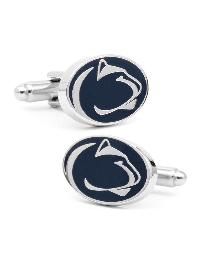 Two oval NCAA Penn State University Nittany Lions cufflinks featuring a dark blue background with a white mountain lion profile logo.