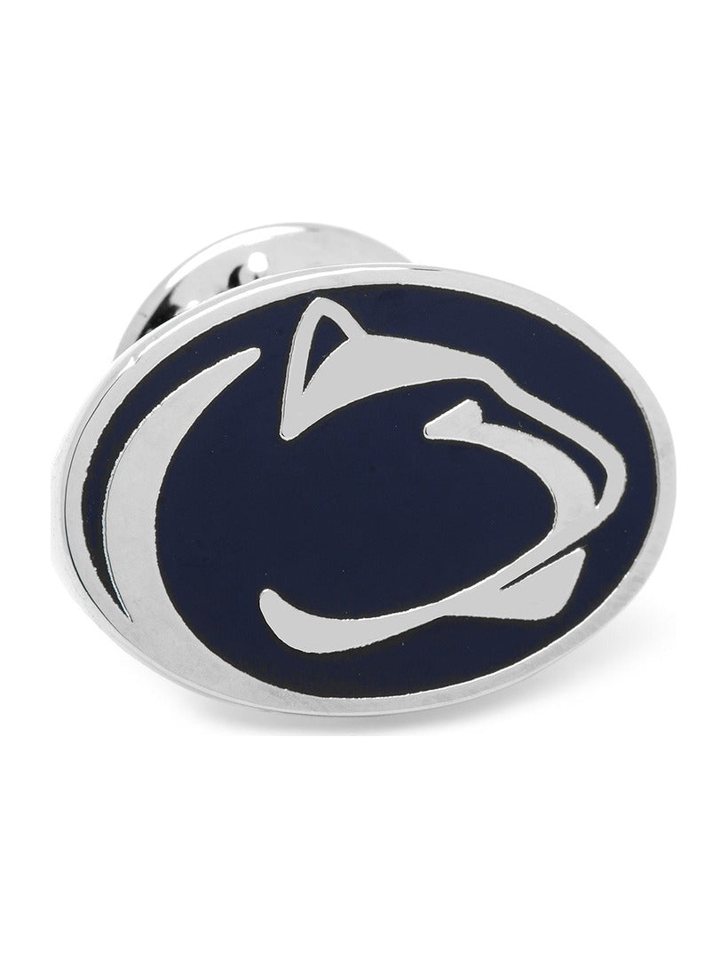 Oval NCAA Penn State University Nittany Lions Lapel Pin featuring a silver outline of a mountain lion profile on a dark blue background.