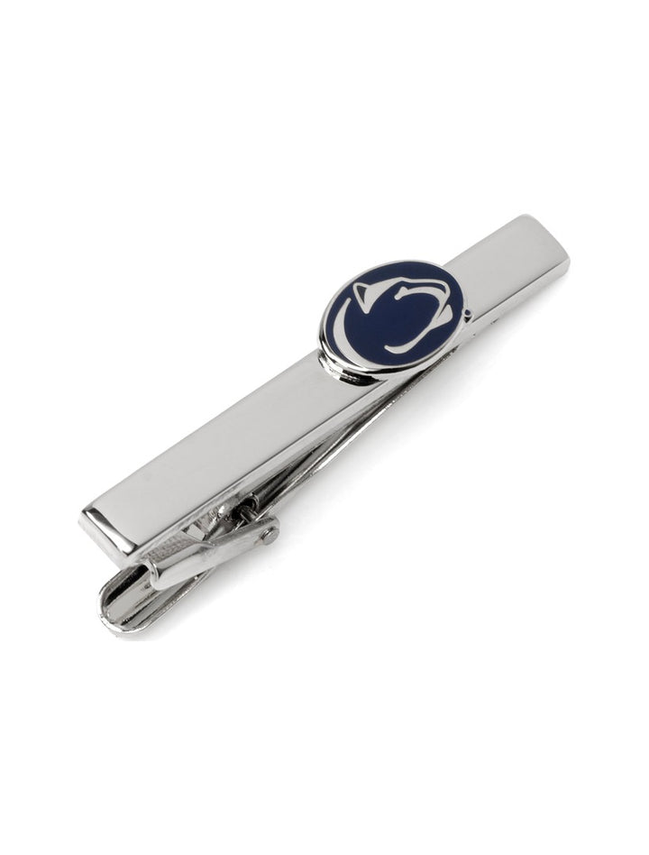 NCAA Penn State University Nittany Lions tie clip in silver-toned metal featuring a blue oval emblem with a white lion logo.