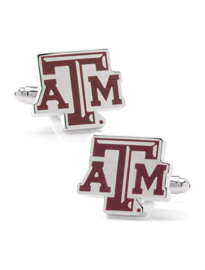 NCAA Texas A&amp;M Aggies cufflinks in silver-tone, featuring the maroon and white university logo.