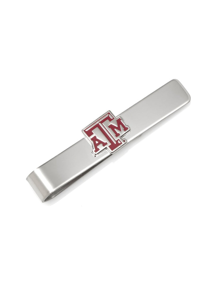NCAA Texas A&M Aggies tie bar in silver metal with a maroon and white logo in the center.