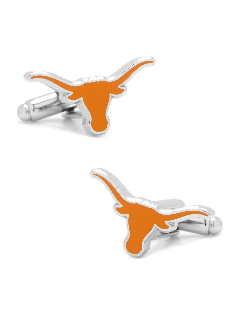 Silver-toned NCAA Texas Longhorns Cufflinks featuring an orange longhorn steer silhouette.