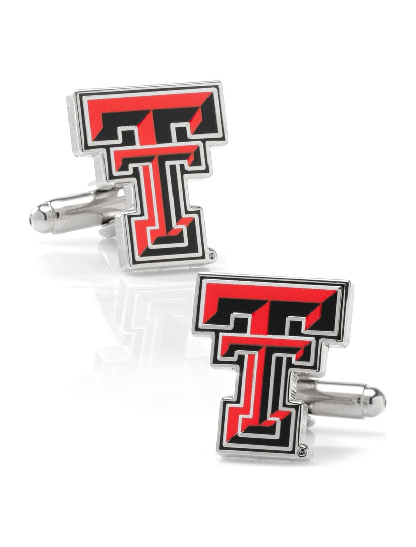 NCAA Texas Tech University Red Raiders cufflinks featuring the “Double T” logo in red, black, and white enamel on two silver-tone metal settings.