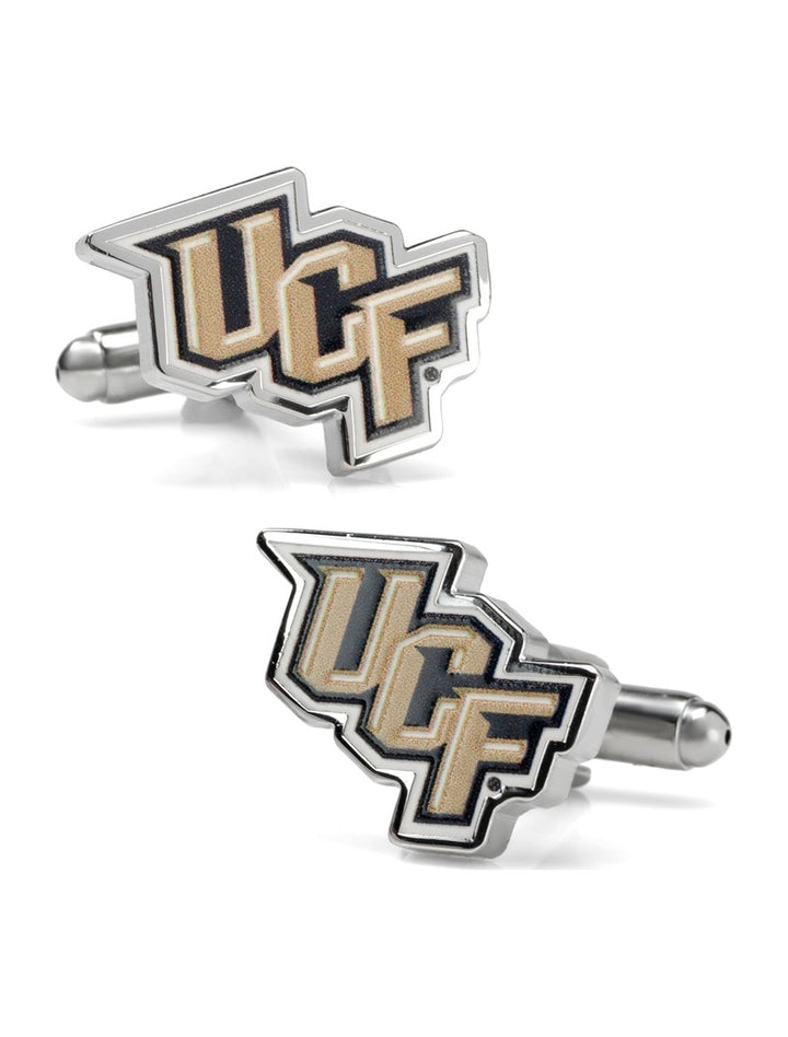 Two metal NCAA University of Central Florida Knights Cufflinks featuring the school logo in black and gold.