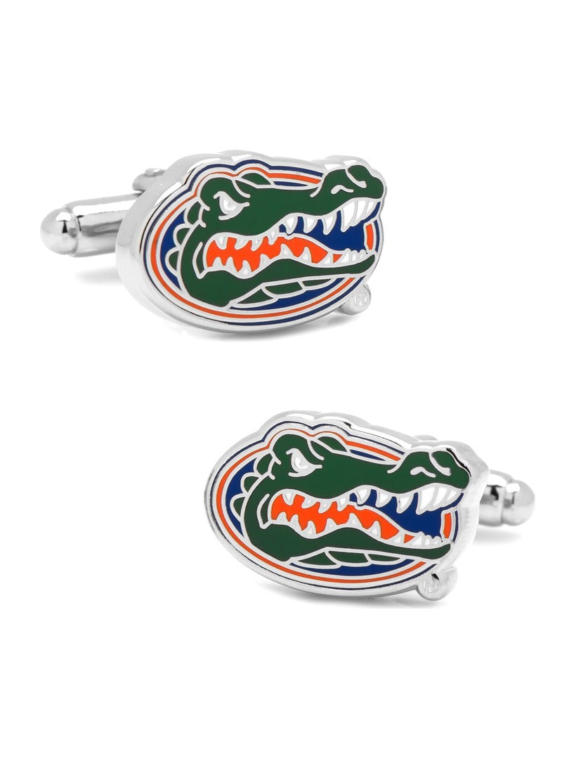 Two silver NCAA University of Florida Gators Cufflinks featuring the Gators mascot logo in enamel.