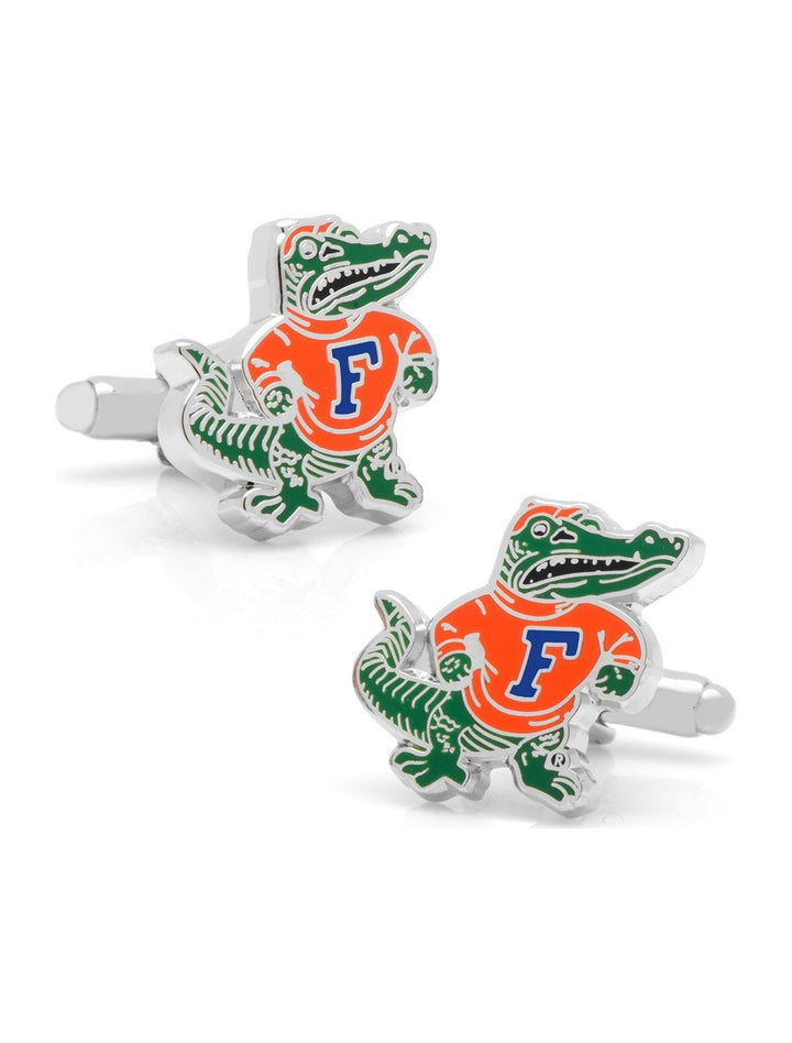 NCAA University of Florida Throwback Cufflinks: two silver-toned vintage cufflinks featuring an alligator mascot wearing an orange sweater with a blue letter F.