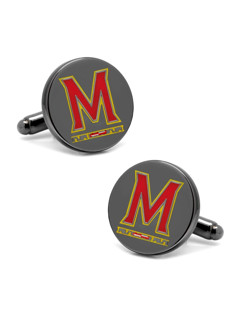 NCAA University of Maryland cufflinks featuring a round black design with a red and yellow letter M logo.