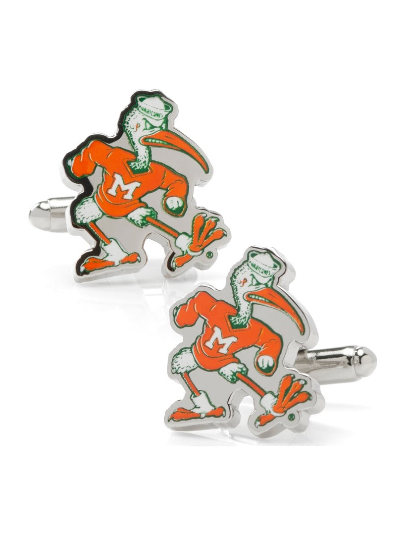 NCAA University of Miami Hurricanes Throwback Cufflinks shaped like a silver ibis mascot wearing an orange jersey with a white “M” logo.