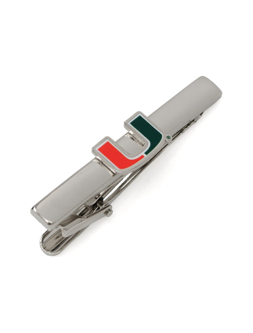 NCAA University of Miami Hurricanes Tie Clip in silver-tone metal featuring the team “U” logo in green, orange, and white enamel.