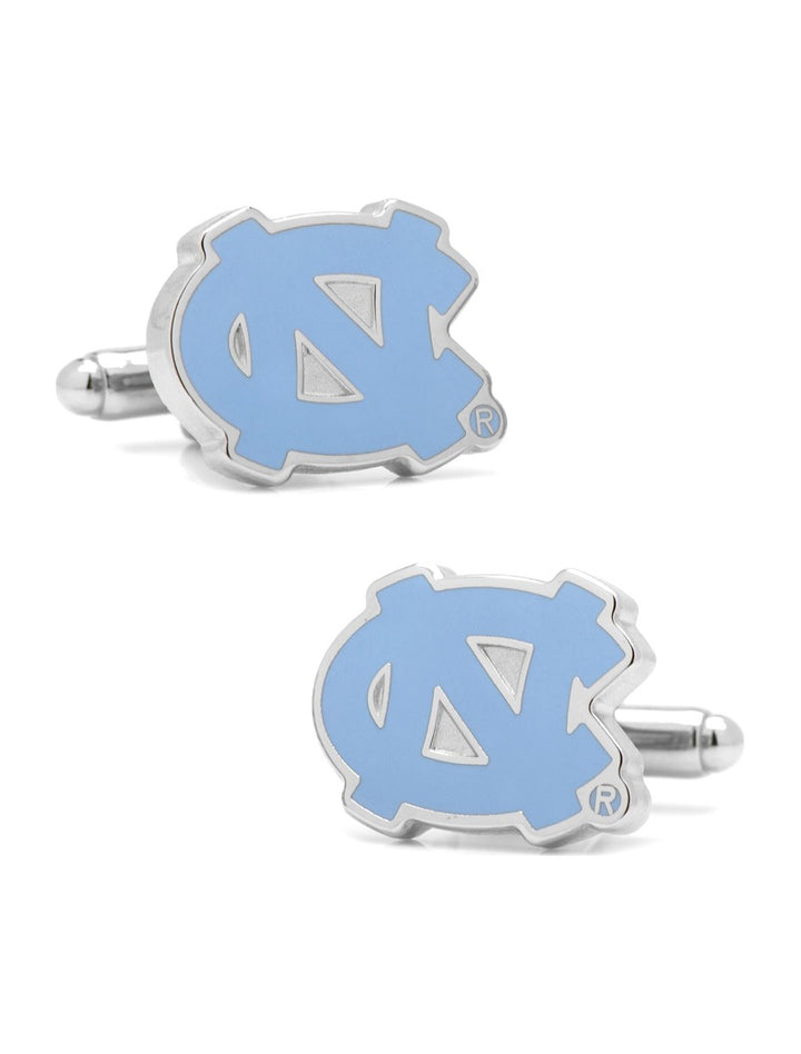 Pair of silver NCAA University of North Carolina Tar Heels Cufflinks featuring the light blue Tar Heels logo.