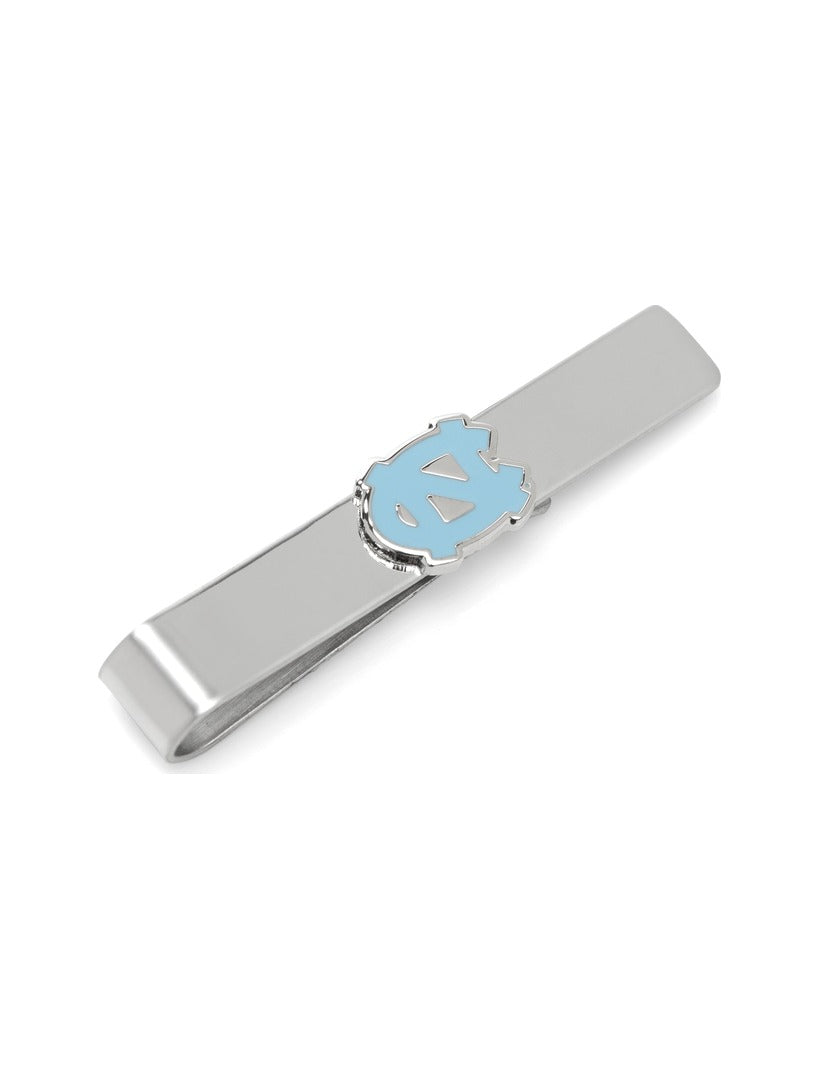 Silver metal NCAA University of North Carolina Tar Heels Tie Bar featuring a light blue collegiate “NC” logo.