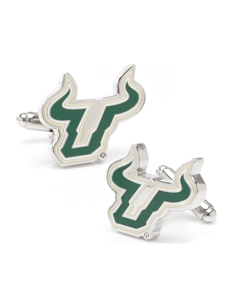 Two silver-toned NCAA University of South Florida Cufflinks featuring the green and white bull mascot logo.