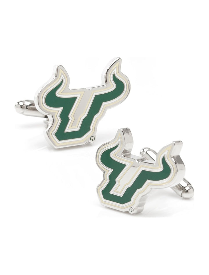 Two silver-toned NCAA University of South Florida Cufflinks featuring the green and white bull mascot logo.