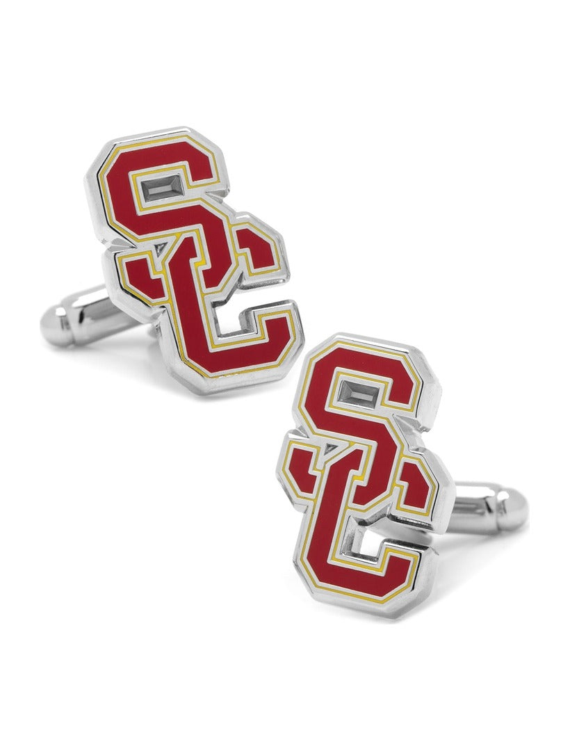 NCAA University of Southern California Trojans cufflinks featuring a red and gold logo in an octagonal silver-tone frame.