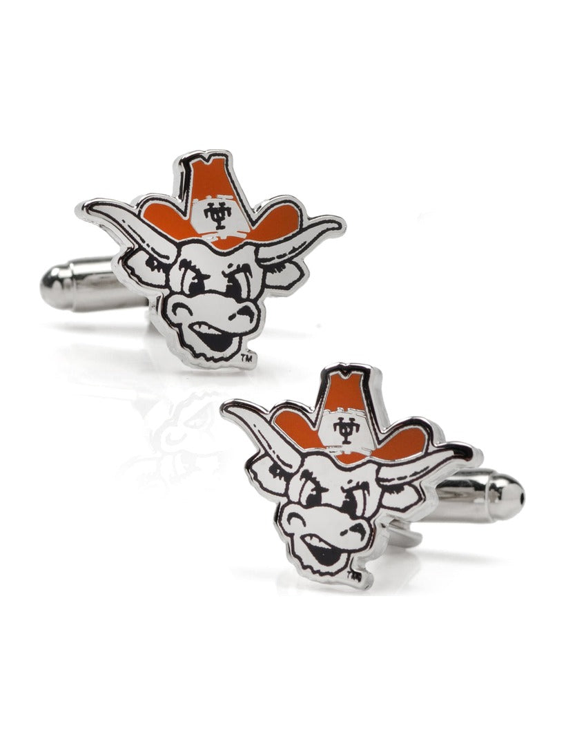 NCAA University of Texas Bevo Cufflinks featuring a silver longhorn mascot wearing an orange cowboy hat.