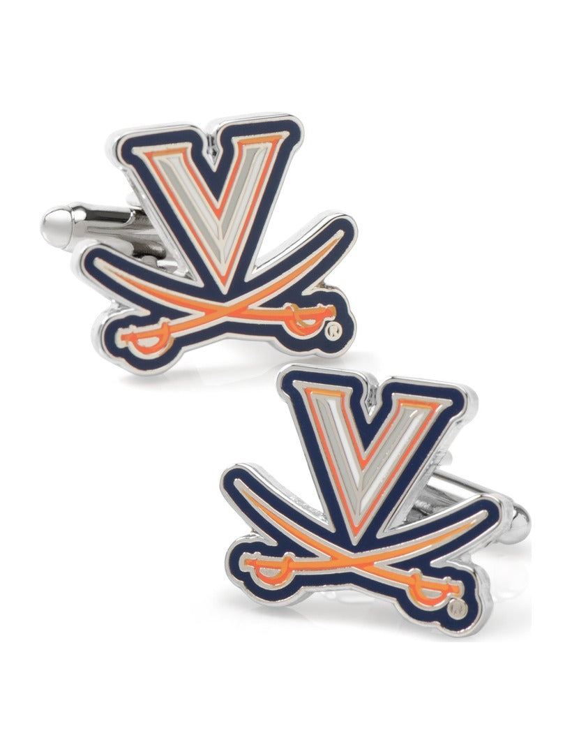 NCAA University of Virginia Cavaliers Cufflinks in silver-tone featuring the team logo in orange, navy, and white enamel.