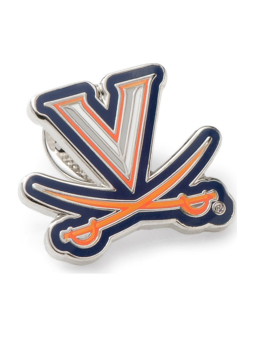 NCAA University of Virginia Cavaliers Lapel Pin featuring the UVA logo with a navy blue V and two crossed orange sabers.