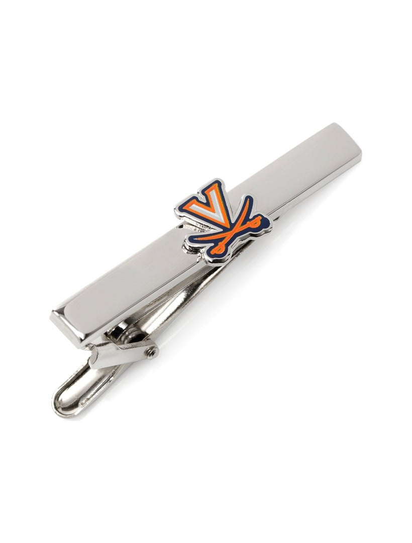 Silver-toned NCAA University of Virginia Cavaliers tie clip featuring an orange and blue collegiate V-saber logo.
