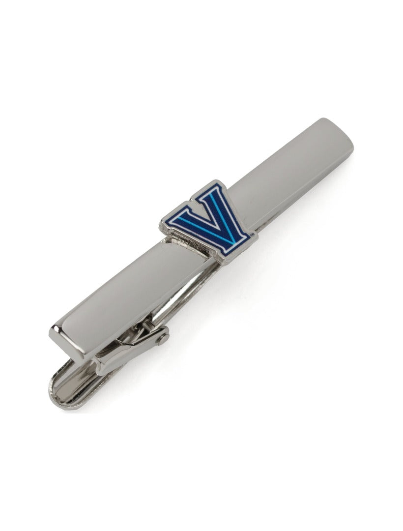 Silver NCAA Villanova University Wildcats tie clip featuring a blue and white letter V logo.
