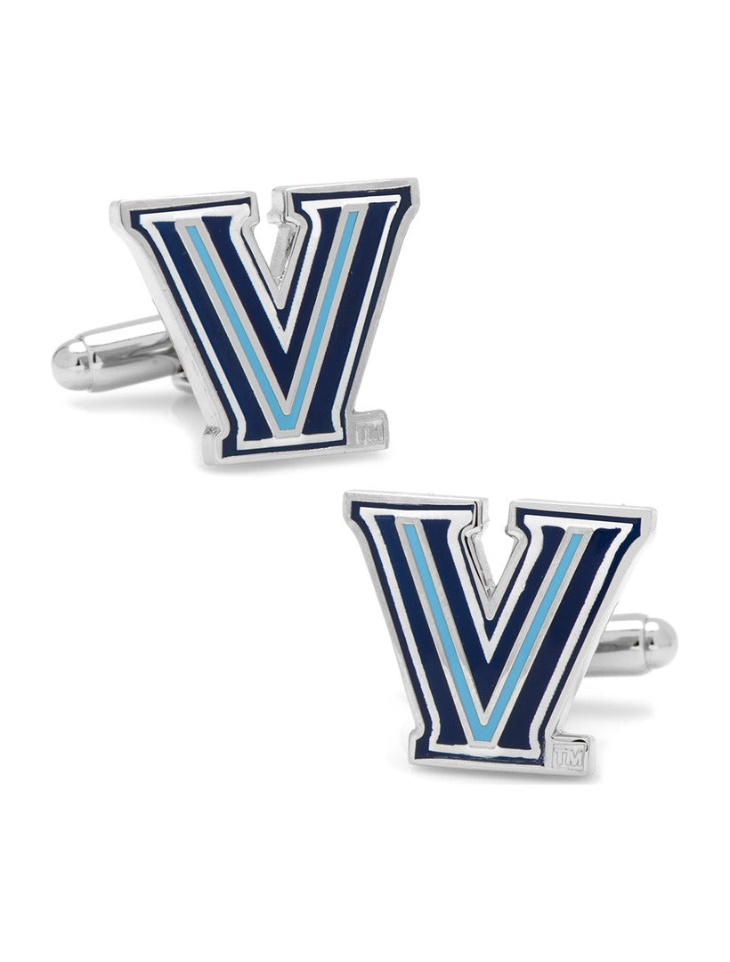 NCAA Villanova Wildcats Cufflinks featuring a large silver V in navy and light blue.