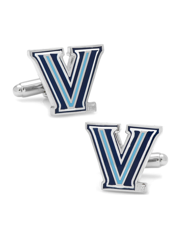 NCAA Villanova Wildcats Cufflinks featuring a large silver V in navy and light blue.