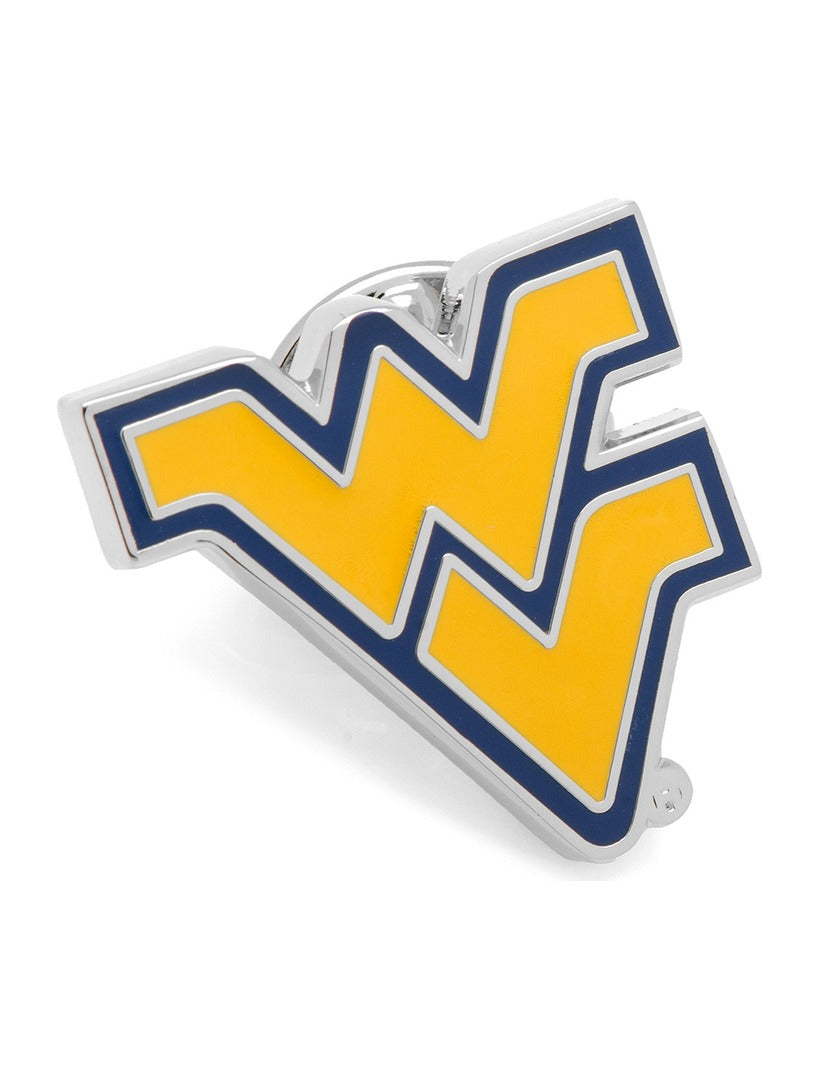 A yellow and blue NCAA West Virginia Mountaineers Lapel Pin with a silver border.