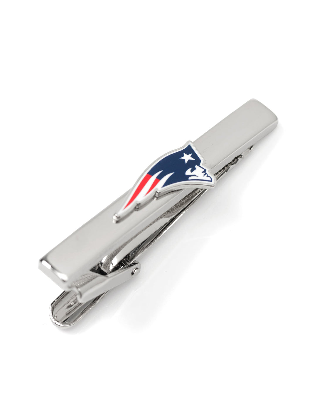 Silver metal New England Patriots Tie Clip featuring an enameled team logo.