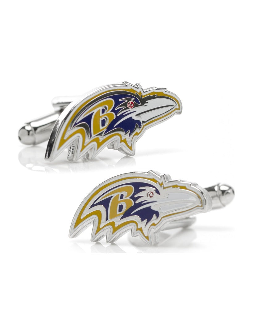 NFL Baltimore Ravens Cufflinks featuring silver-toned raven head logos in purple, gold, and white.