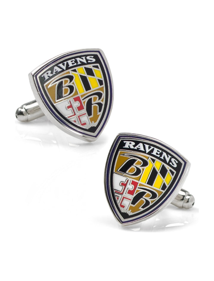 NFL Baltimore Ravens Shield Cufflinks featuring the team logo in purple, gold, black, and white on two silver-toned cufflinks.