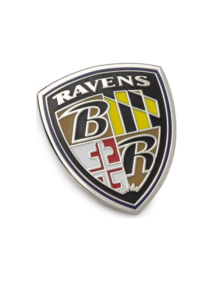 NFL Baltimore Ravens Shield Lapel Pin featuring a shield-shaped design with the team logo combined with the Maryland state flag.