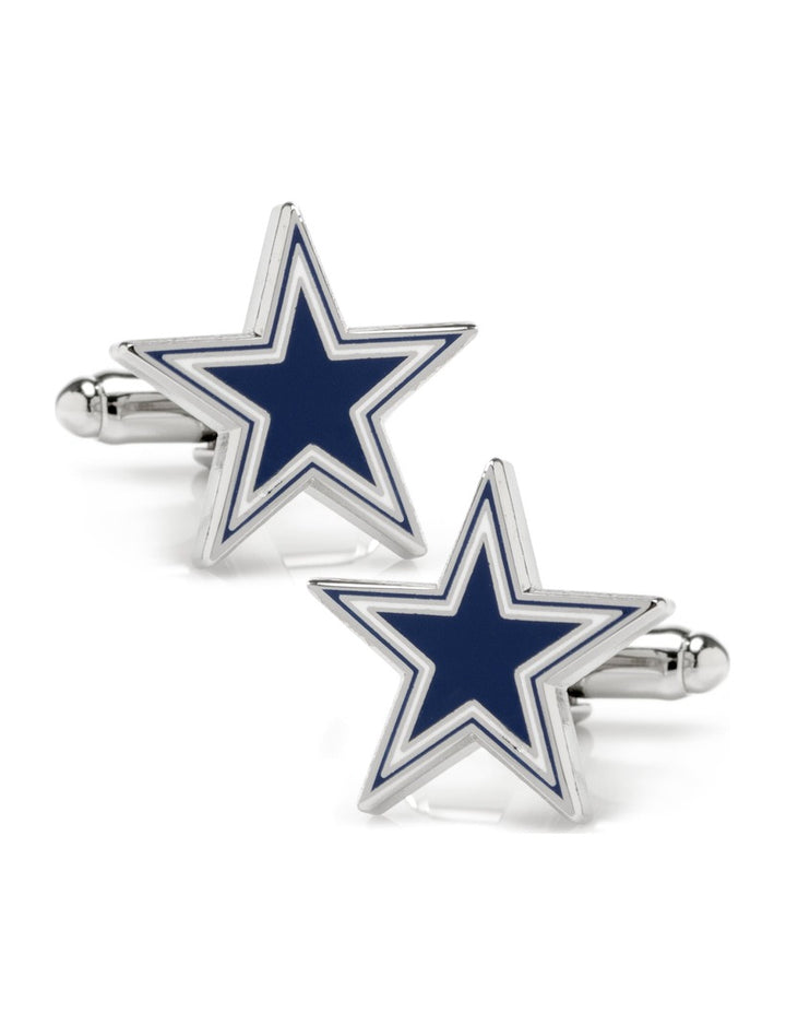 NFL Dallas Cowboys Cufflinks shaped like a pair of silver-toned five-pointed blue and white stars.