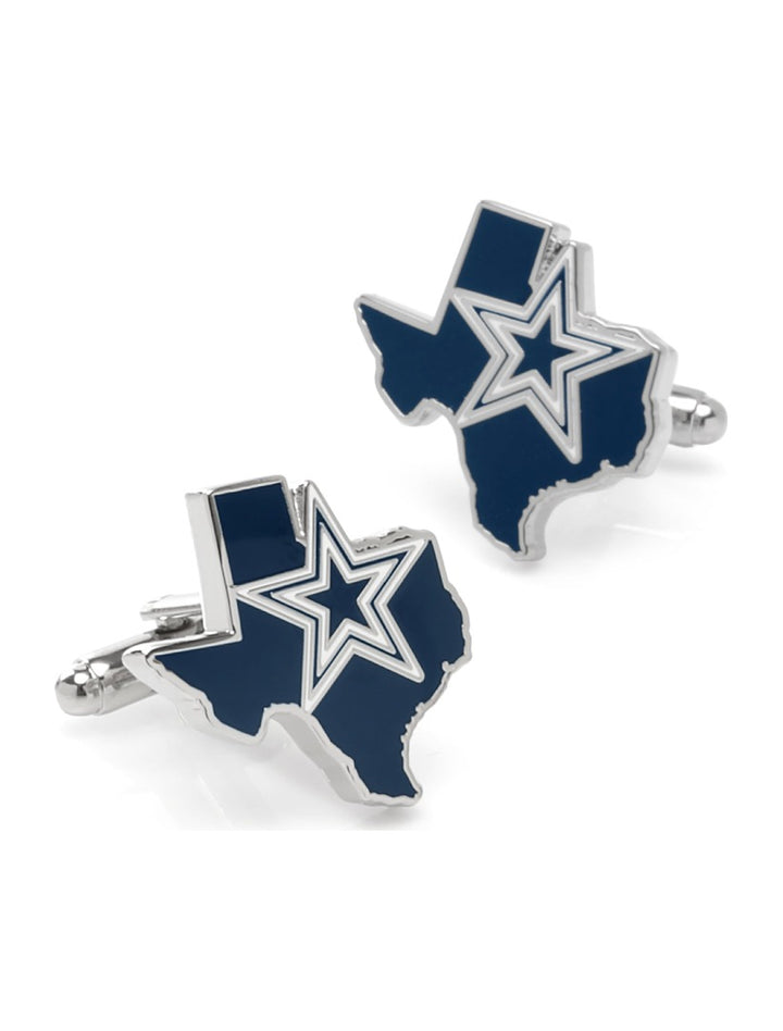 NFL Dallas Cowboys State Shaped Cufflinks shaped like the state of Texas, each featuring a navy blue enamel fill and a white-bordered star in the center.