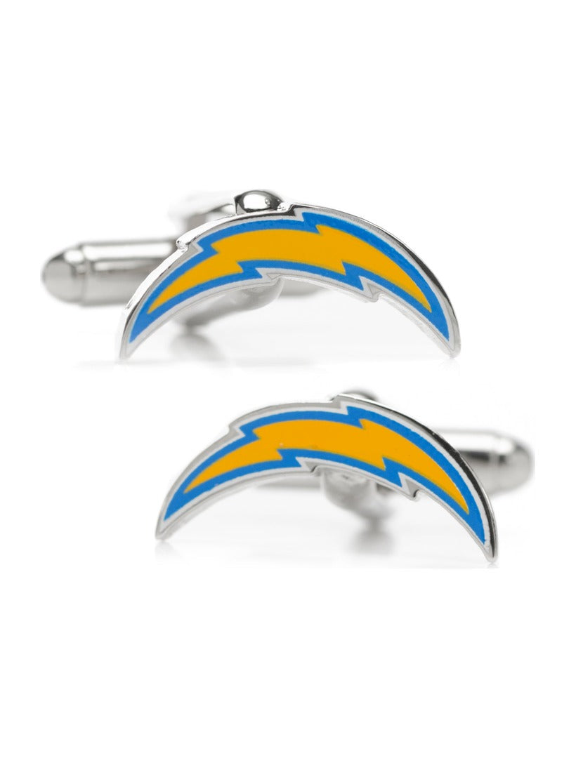 NFL Los Angeles Chargers cufflinks in silver, featuring a yellow and blue lightning bolt logo.