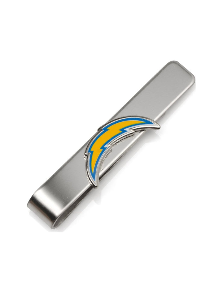 NFL Los Angeles Chargers tie bar in silver-tone metal featuring a yellow and blue lightning bolt emblem.