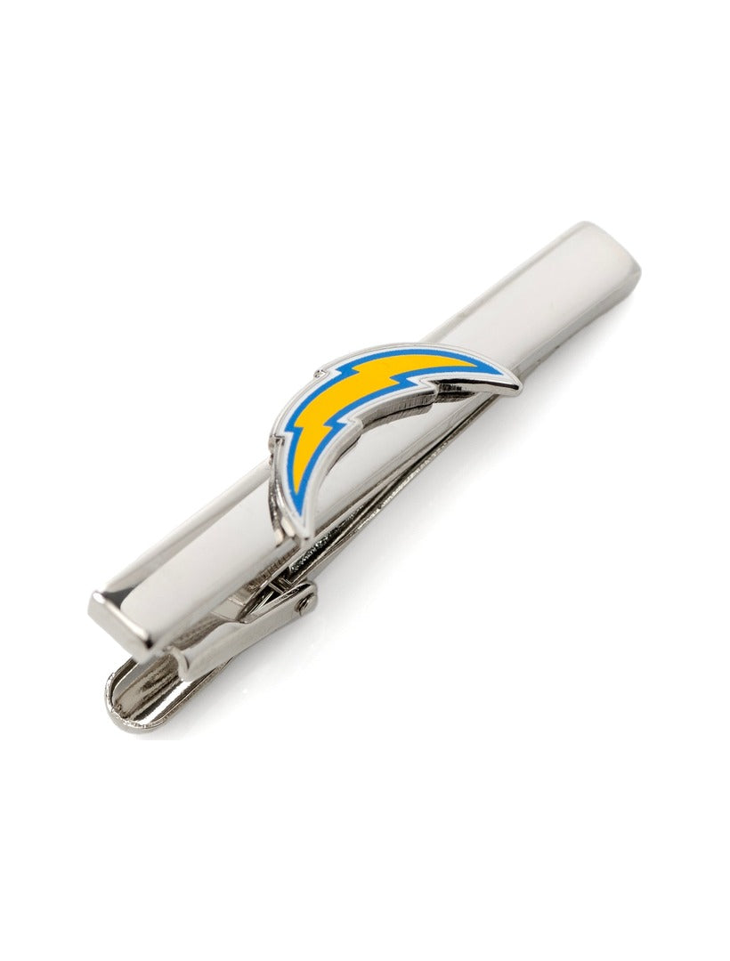 NFL Los Angeles Chargers Tie Clip in silver-tone metal with a yellow and blue lightning bolt emblem.