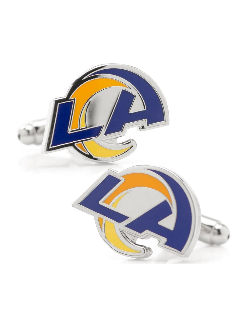 A pair of silver NFL Los Angeles Rams Cufflinks featuring the team’s blue and yellow logo.
