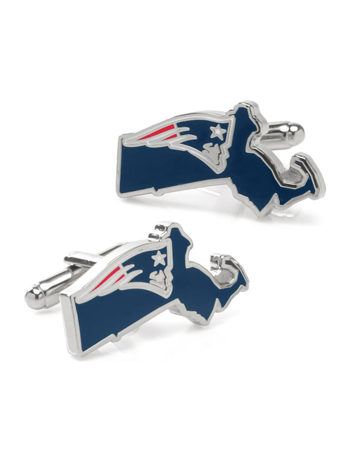 Silver-toned NFL New England Patriots State Shaped Cufflinks in the shape of Massachusetts featuring the team logo.