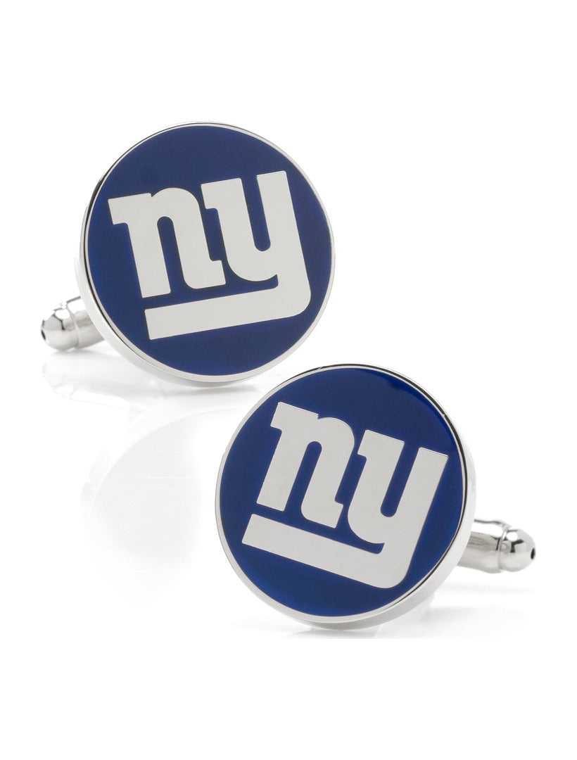 Round silver NFL New York Giants Cufflinks featuring the blue and white “ny” logo.