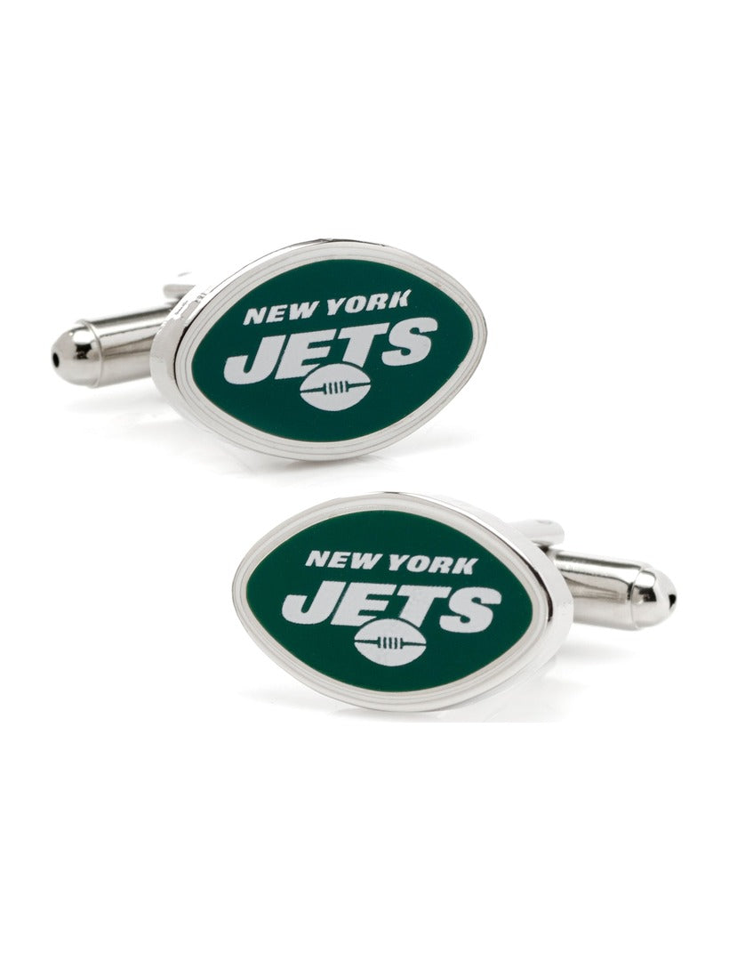 NFL New York Jets Cufflinks featuring two oval-shaped silver cufflinks with a green background, team logo, and small football graphic.