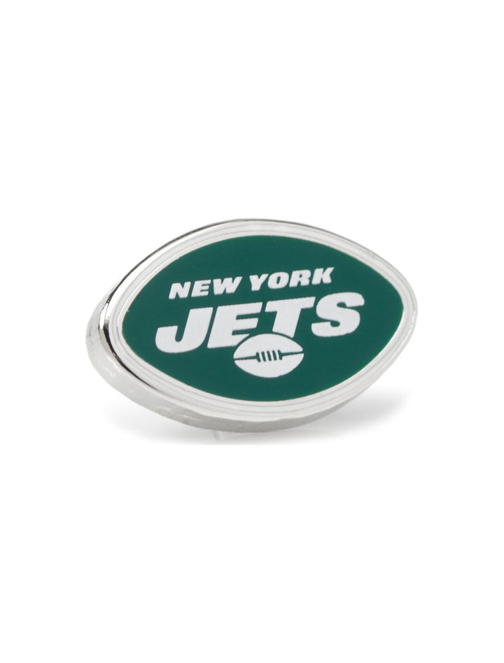 NFL New York Jets Lapel Pin in a football shape featuring a green background and white text above a small football icon.