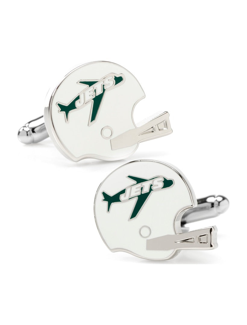 NFL New York Jets Retro Helmet Cufflinks in a silver-toned, football helmet shape, featuring a green airplane logo with the word “JETS.”