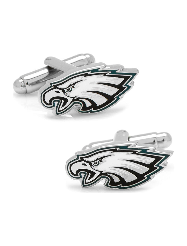NFL Philadelphia Eagles Cufflinks shaped like the team’s silver eagle head logo with black and teal accents.