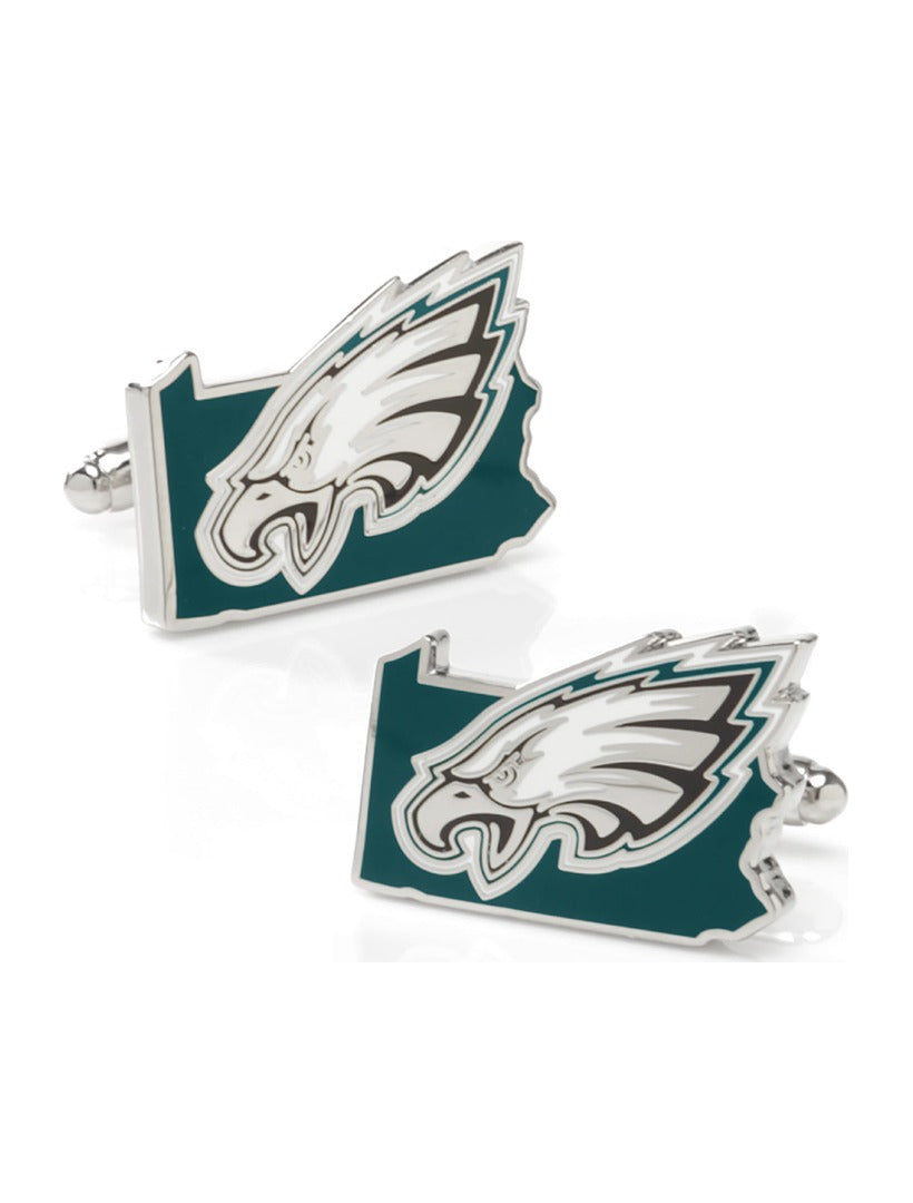 NFL Philadelphia Eagles State Shaped Cufflinks shaped like the state of Pennsylvania, featuring the team logo in green, black, and white.
