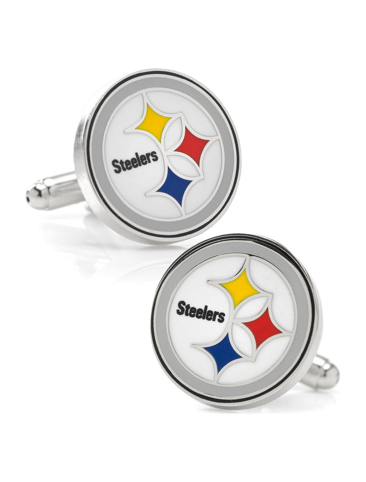 Two round silver NFL Pittsburgh Steelers Cufflinks featuring the team logo.