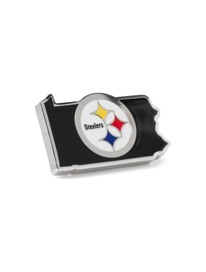 NFL Pittsburgh Steelers State Shaped Lapel Pin shaped like Pennsylvania with the team logo in the center.
