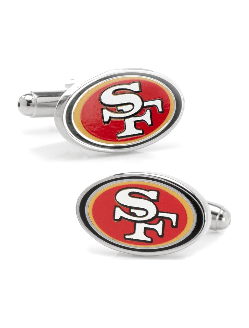 Two oval silver NFL San Francisco 49ers Cufflinks featuring the red, gold, and white team logo.