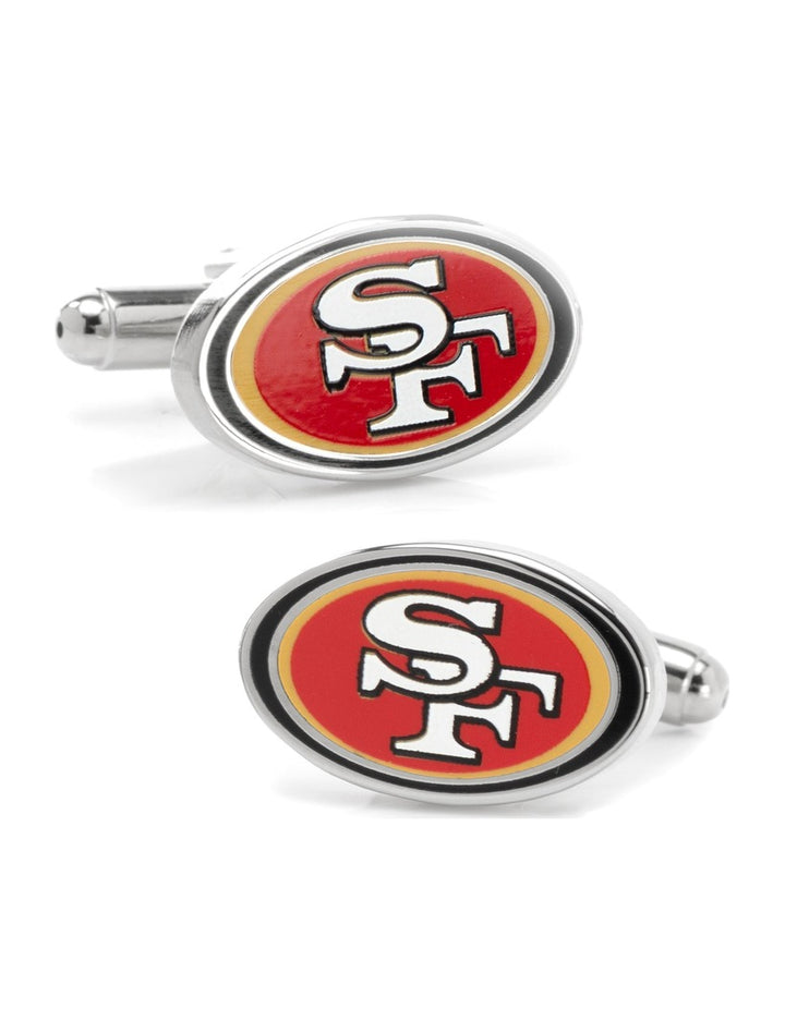 Two oval silver NFL San Francisco 49ers Cufflinks featuring the red, gold, and white team logo.