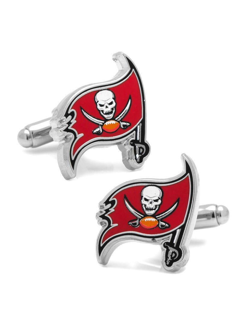 NFL Tampa Bay Buccaneers Cufflinks in silver, featuring a red flag with a skull, crossed swords, and a football.